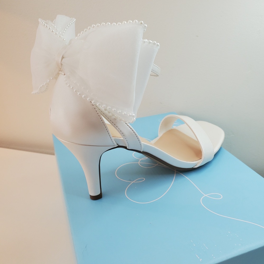 Delicious Everly White Satin Bridal Heels wth Pearl Beaded Tulle Bow Ankle Strap